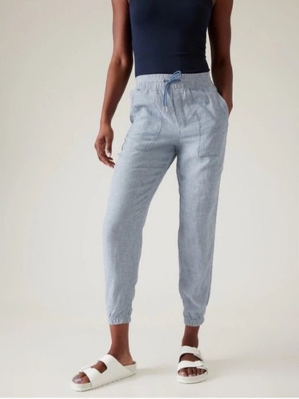 ATHLETA women's size 6 Retreat linen chambray blue drawstring Jogger pants